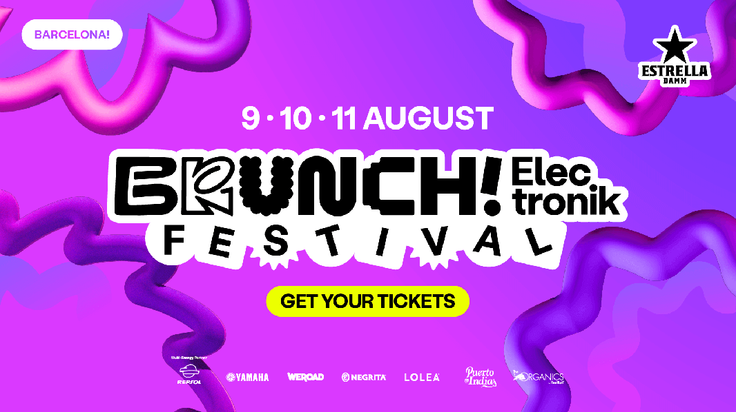 Brunch Electronik Festival 2024 poster with purple wavy shapes, dates, and "Get Your Tickets" call to action.