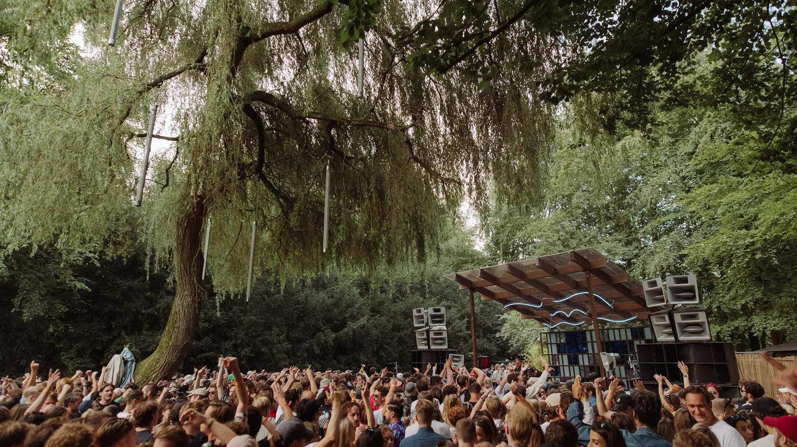 Crowd dancing at an outdoor electronic music festival under a large weeping willow tree and a stage.