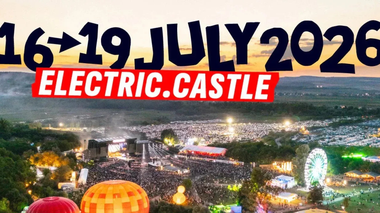 Electric Castle 2026 dates over a vibrant festival crowd, stages, and hot air balloons at sunset.