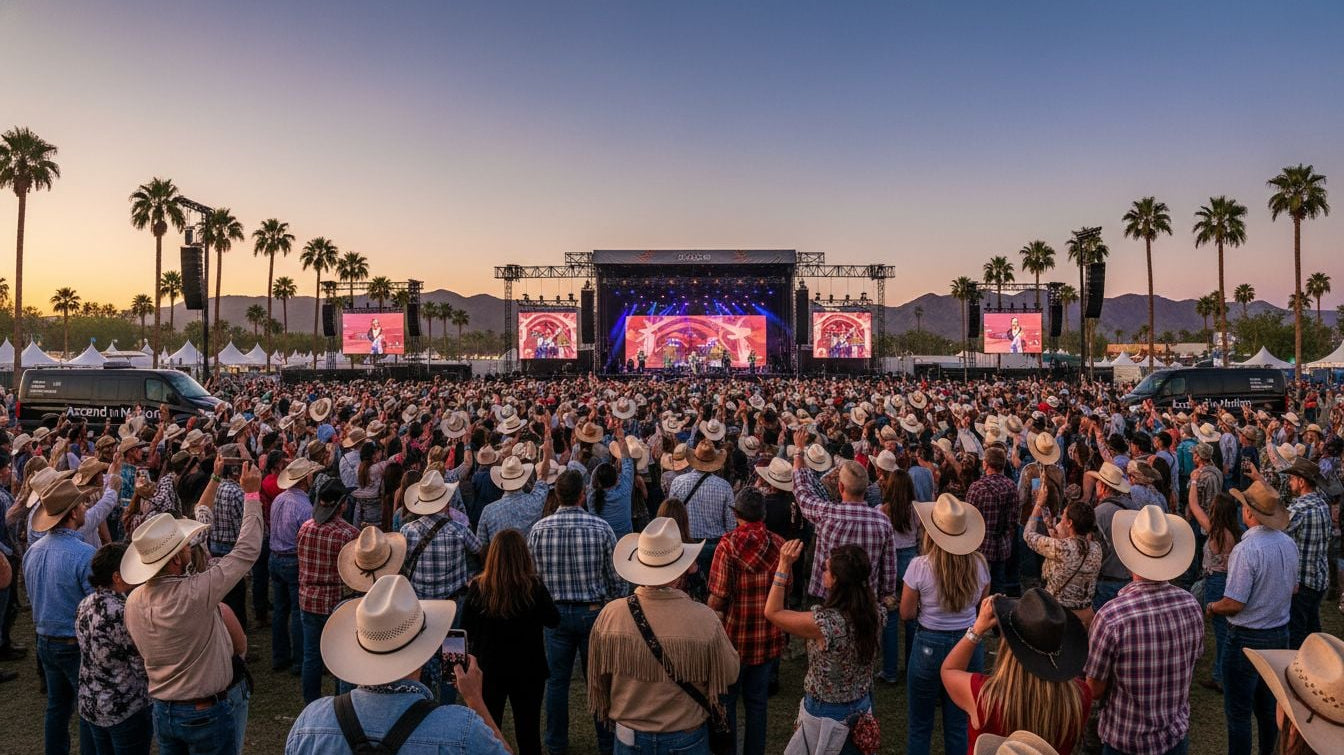 Large crowd in cowboy hats watching a country music festival stage at sunset in Indio, California.
