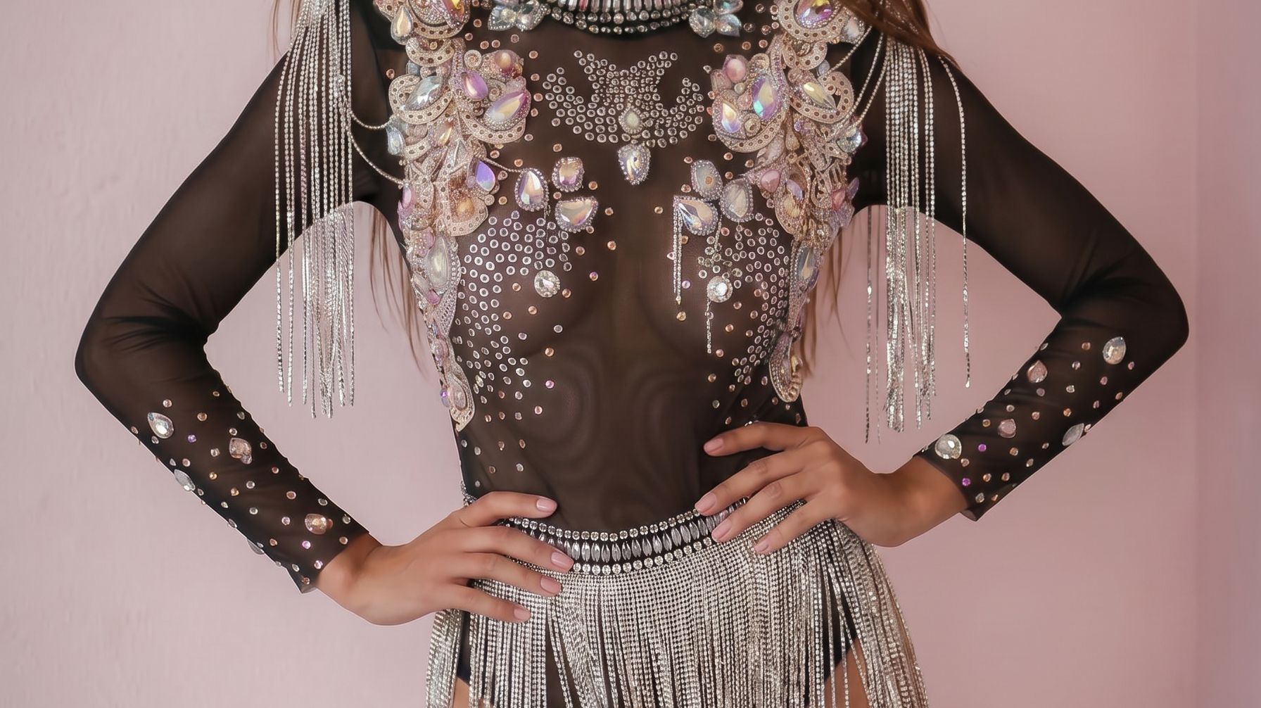 Woman in a sheer black bodysuit with intricate crystal embellishments and long silver fringe.
