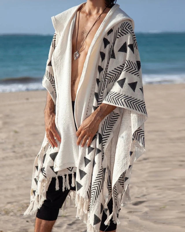 Men's Tulum Fringe Cardigan in white polyester with black geometric patterns and long fringe hem.