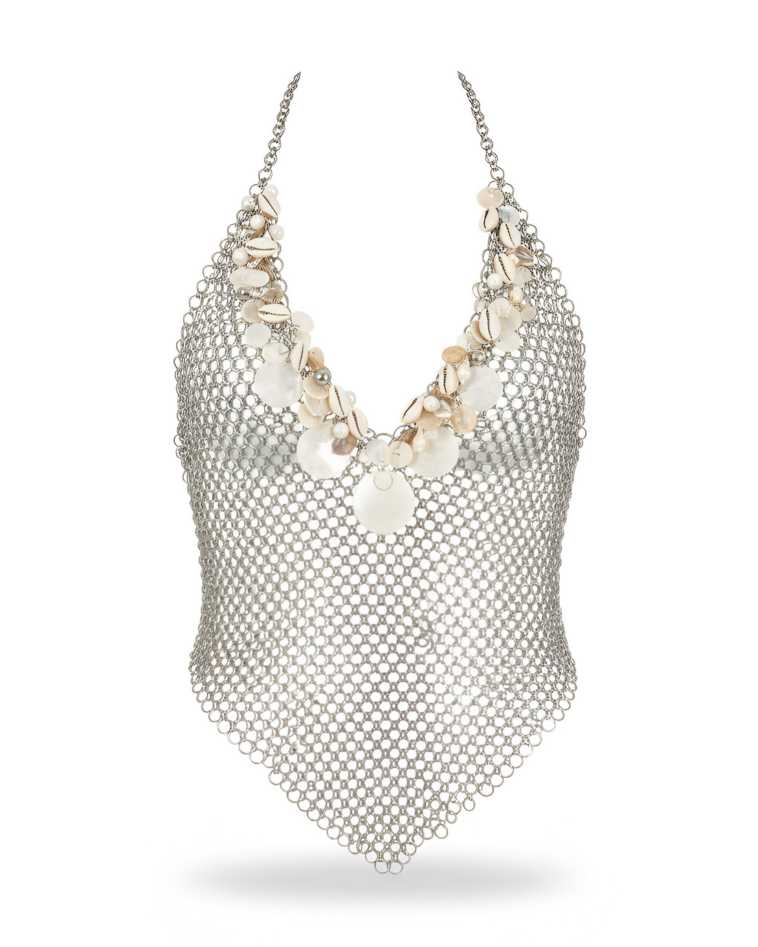 Silver metal chain link mesh crop top with natural shell pendants along the neckline.