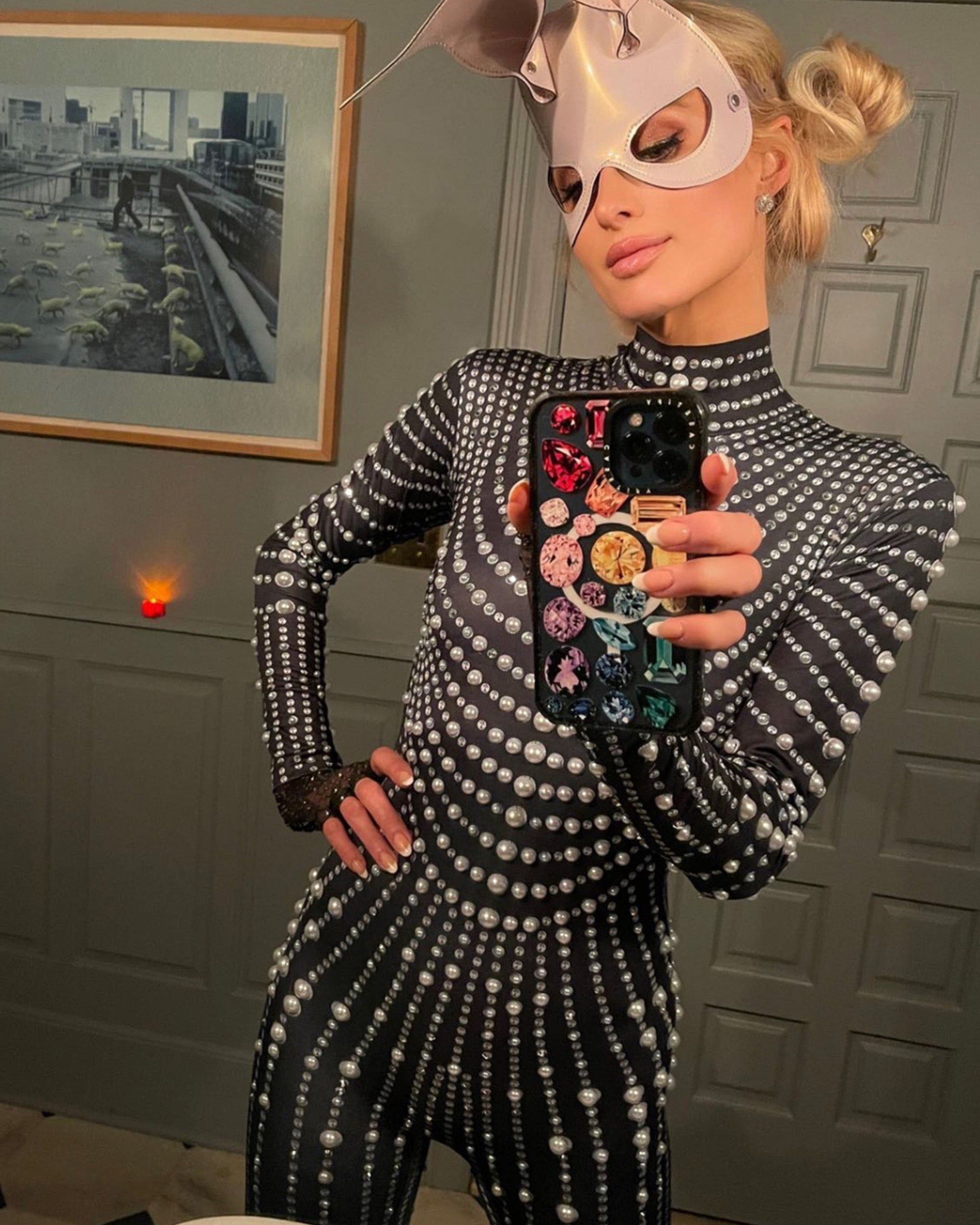 Black Jumpsuit Catsuit with White Pearls Paris Hilton