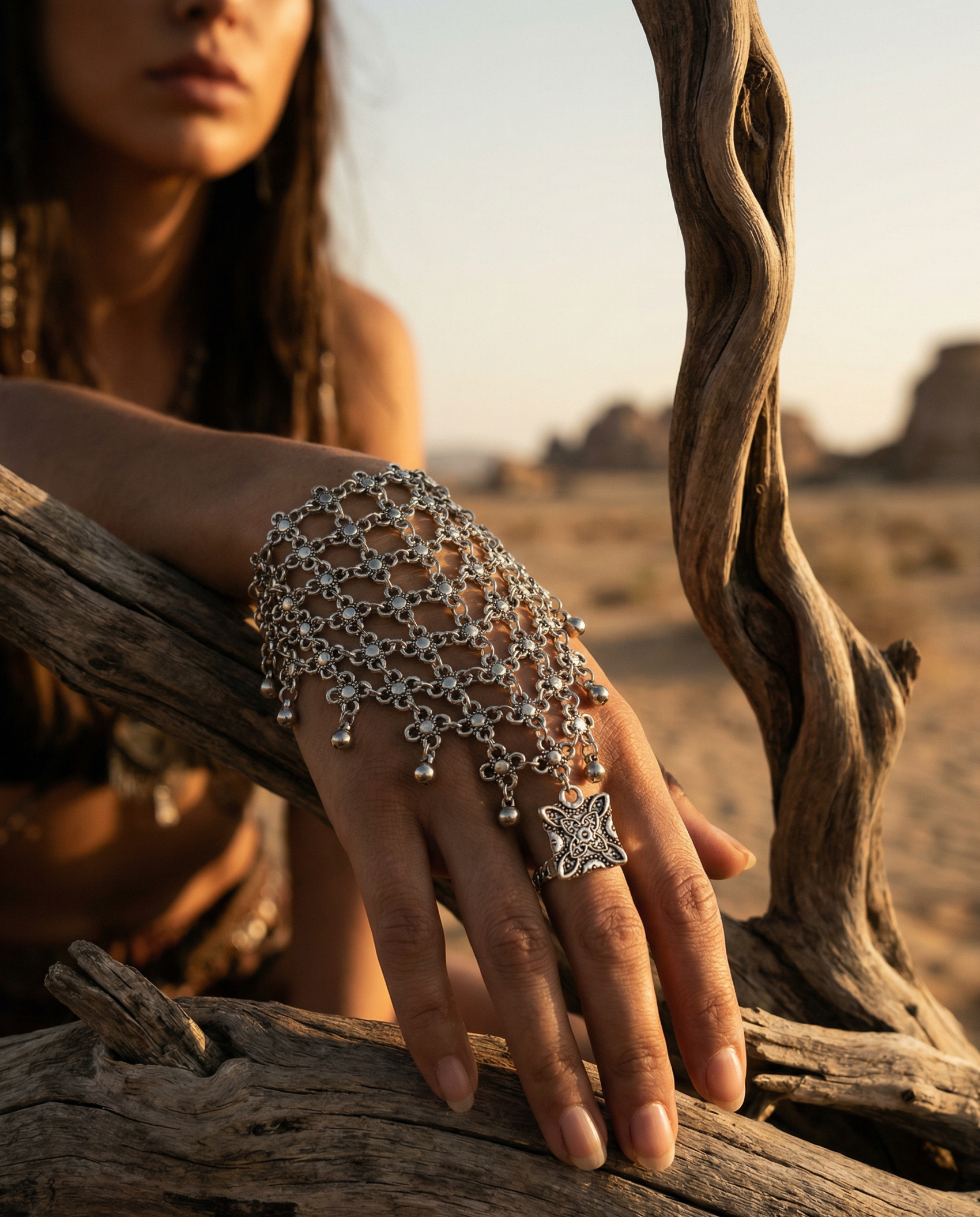 Bracelets en chaîne de doigt en argent antique avec un design de chaîne élégant et un pendentif décoratif pour porter lors des fêtes.