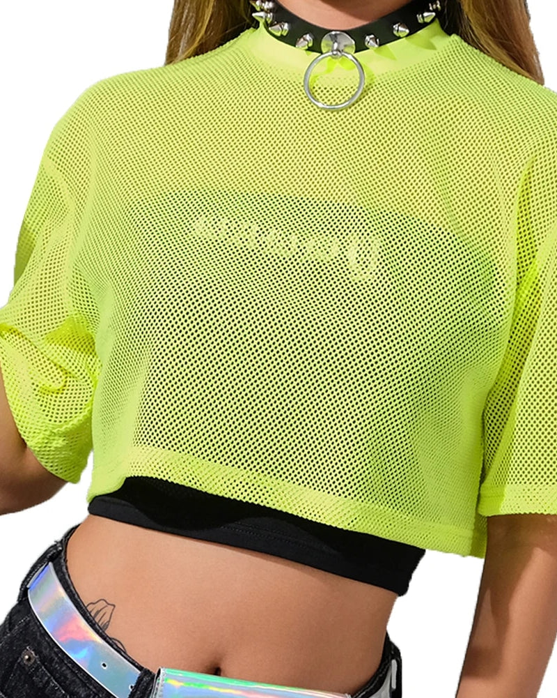 women Green Fishnet Mesh Crop Top See-through Loose Shirt T-shirt rave outfit rave apparel wear