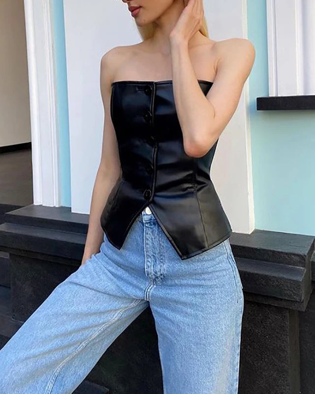 black Strapless Leather Top