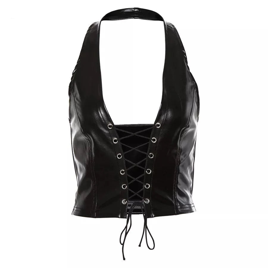 black Leather Crop Top Vest Festival Fashion Concert Rave Outfit Party Cosplay