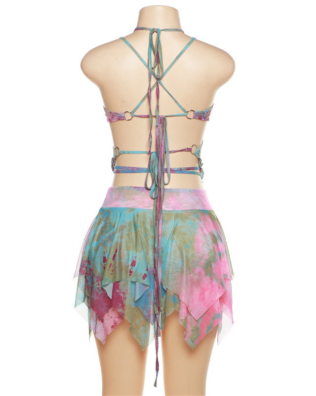 Butterfly Print Mesh Sleeve Top and Skirt Set