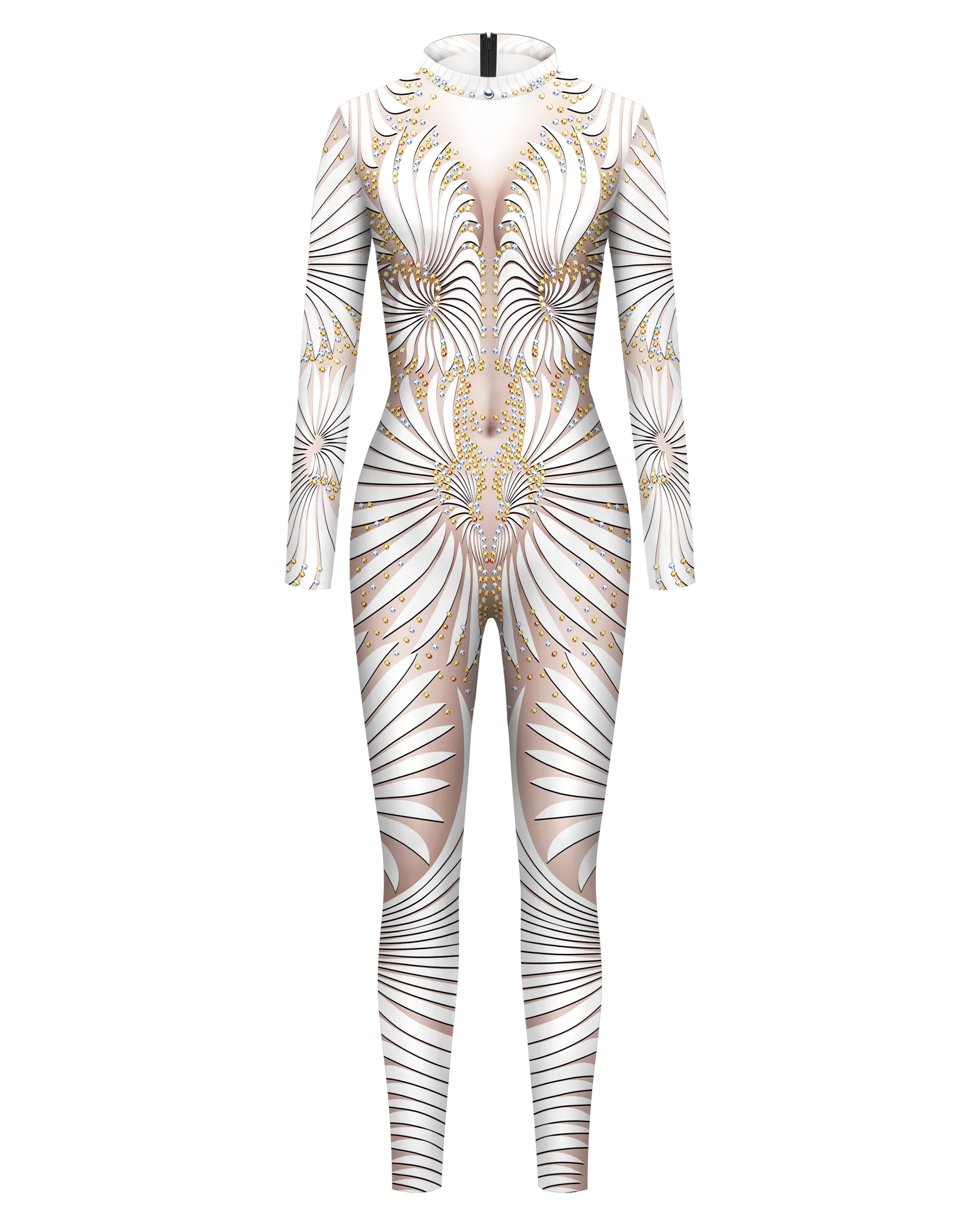 Phoenix White Lace Sequin jumpsuit catsuit with Rhinestones catsuit jumpsuit