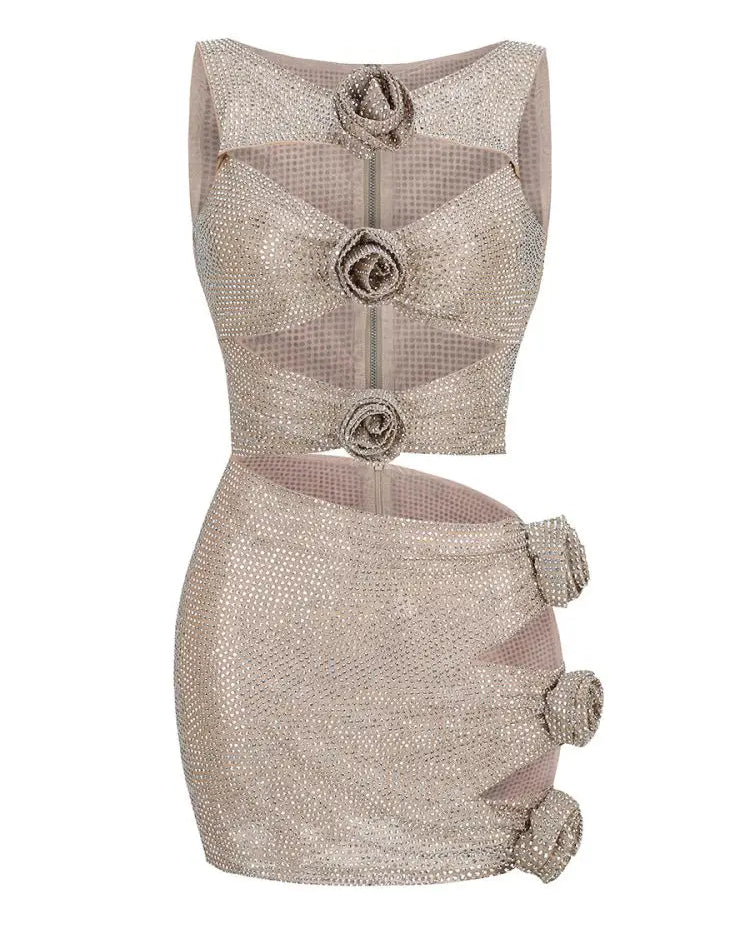 Rhinestone Flower Cut-Out Top and Skirt Set