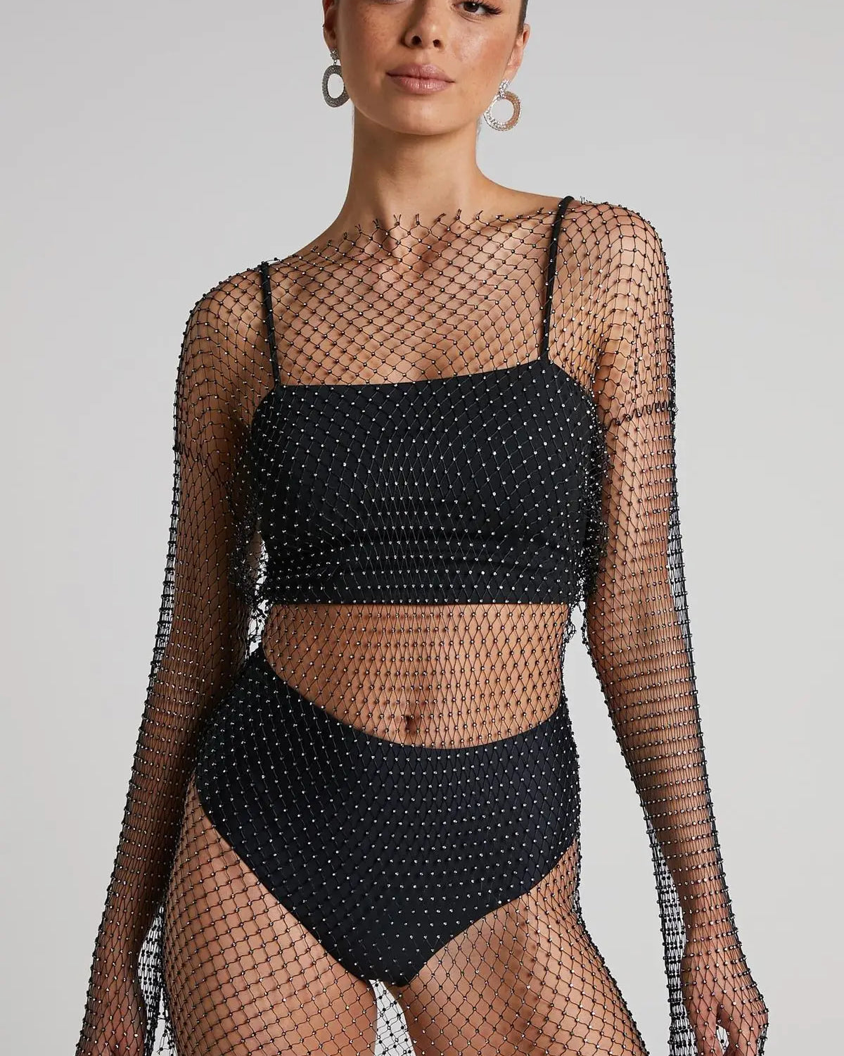 Rhinestones Diamond Black Fishnet Dress