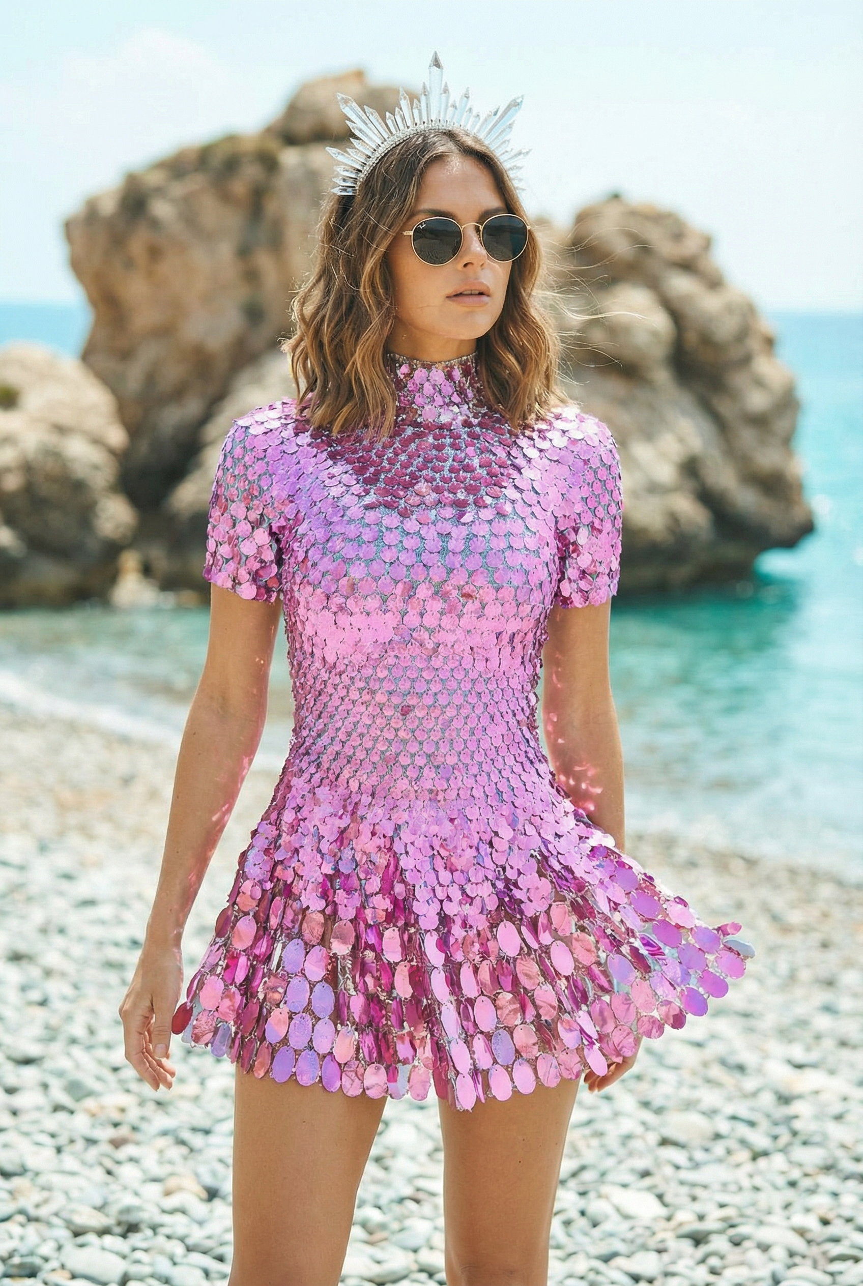 Woman wearing a pink and purple dress with a sequin or metallic finish on a beach.