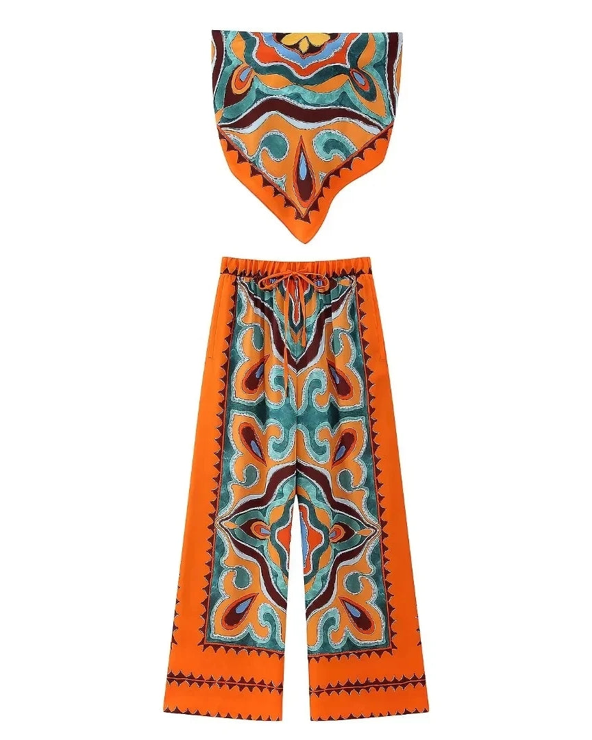 orange blue green Boho Style Set print dress Strapless Lace-up Top High Waist Straight Long Pants Fashion Festival Outfits Concert Rave Party