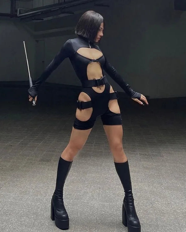 Black Hollow Strap Romper Bodysuit