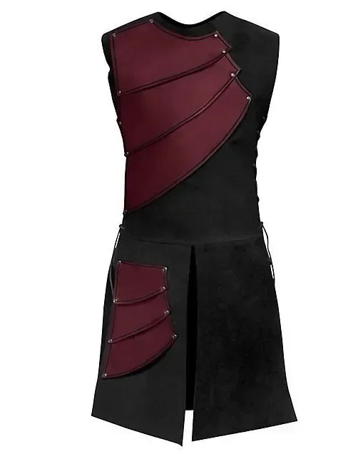 Burgundy and black sleeveless steampunk armor vest with diagonal PU leather panels and metal stud accents.
