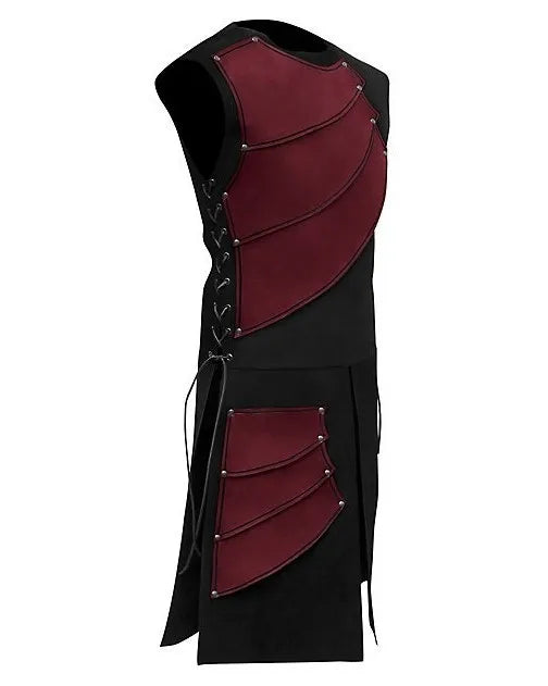 Burgundy Sleeveless Steampunk Armour Vest with diagonal PU leather panels, metal rivets, and side lacing.