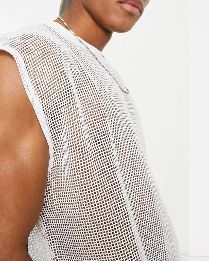 white Men's Mesh See-Through Sleeveless Loose Shirt