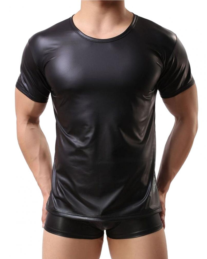 Black Faux Leather Elastic Short-Sleeve T-Shirt