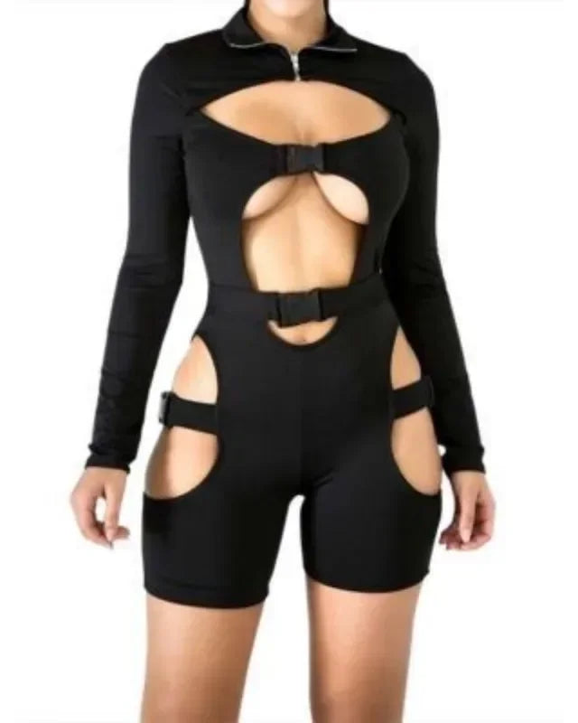 Black Hollow Strap Romper Bodysuit