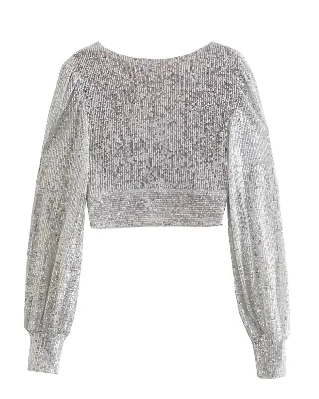 Grey Silver Long Sleeve Sequin Top Festival outfit Rave wear