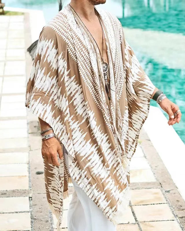 Unisex Tulum Sand Fringe Kimono in 100% rayon, featuring a warm sand and white stripe pattern with natural fringe.