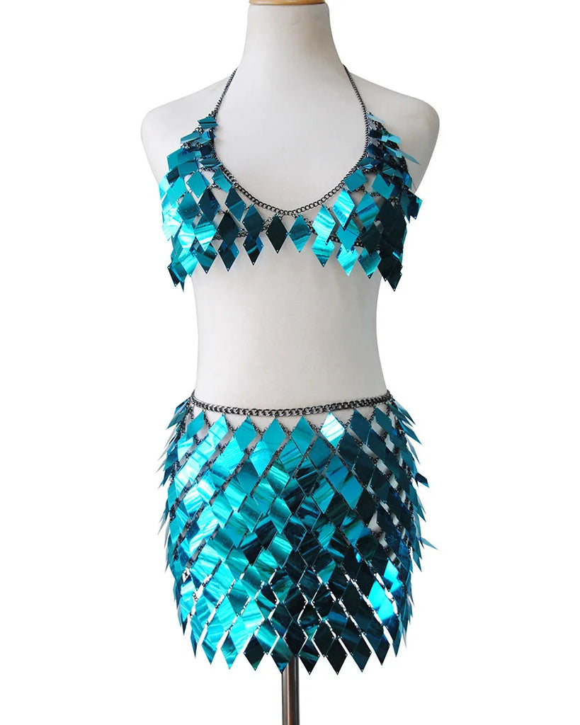 green Rhombic Metal Backless Skirt and Top Set Festival Outfit Fashion Concert Rave outfits