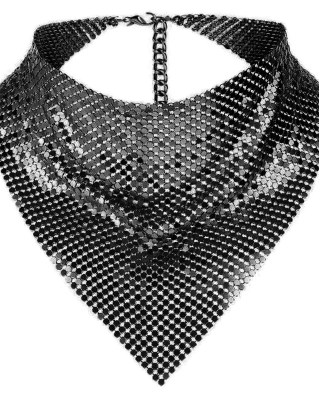 Black liquid metal mesh scarf, a triangular bib-style accessory with chain mail construction and adjustable clasp.