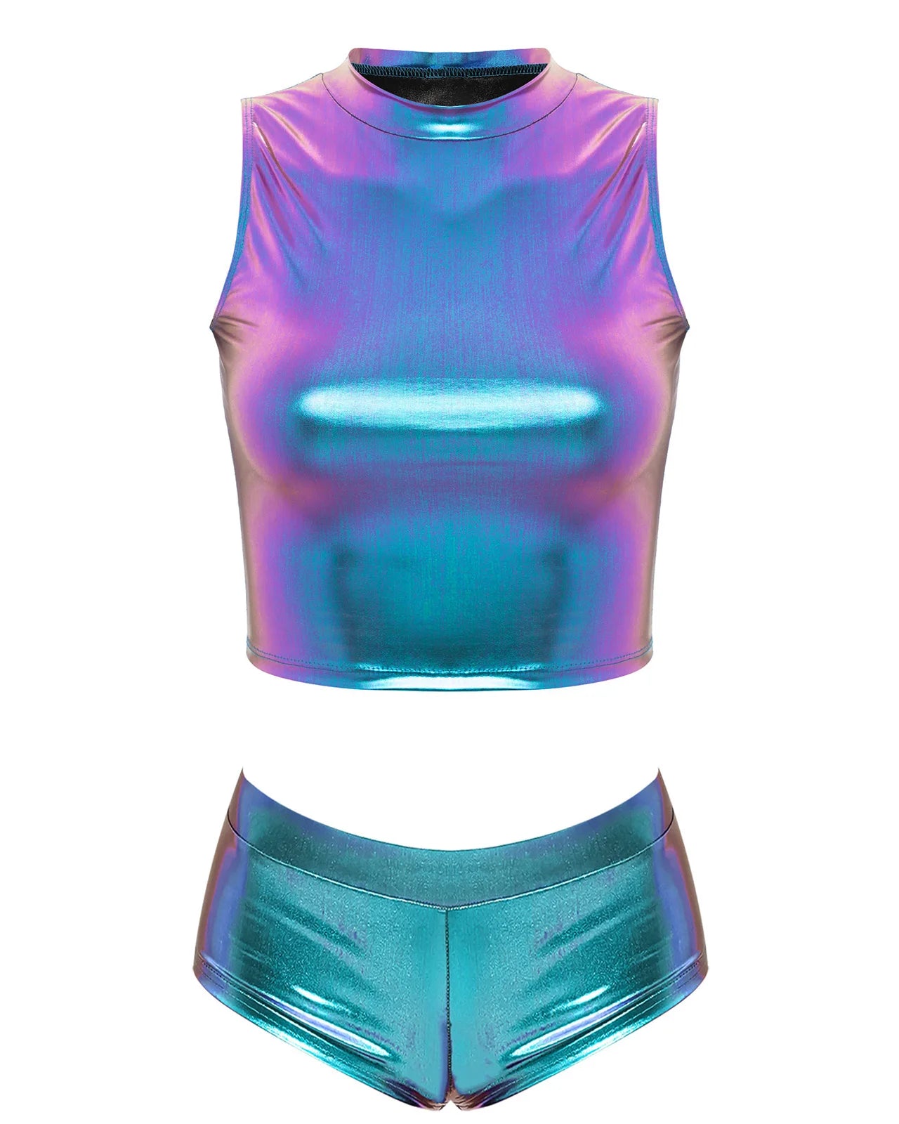 Blue Holographic Crop Top and Short Set