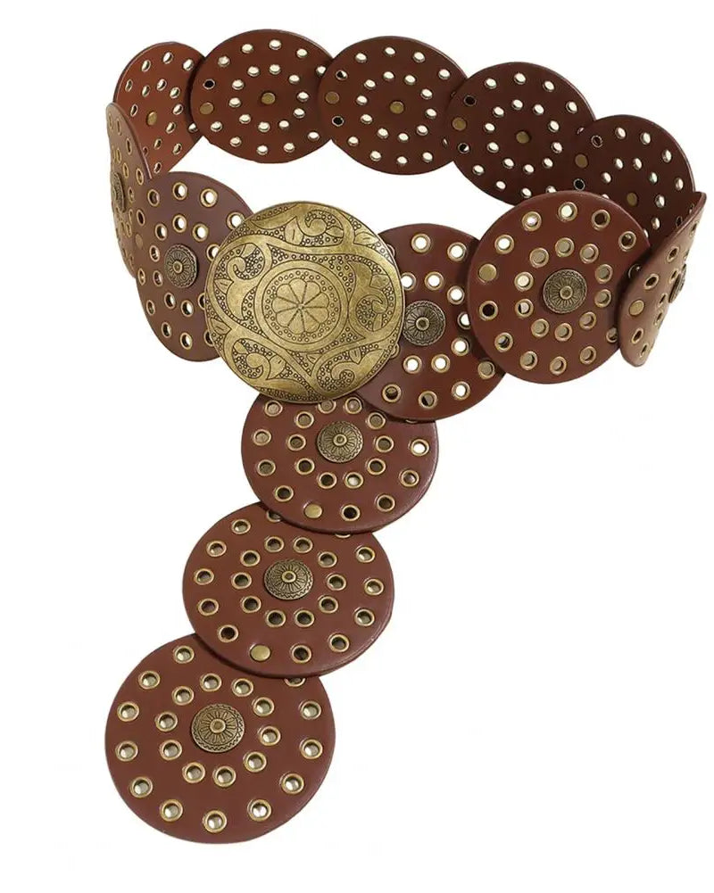 Women brown boho style Belt Vintage Hollow Out Cowboy Style Women's Wide Disc Belt Western festival fashion outfit