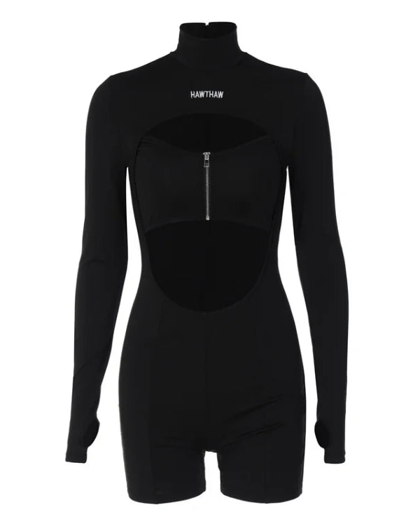 Black Hollow Strap Romper Bodysuit