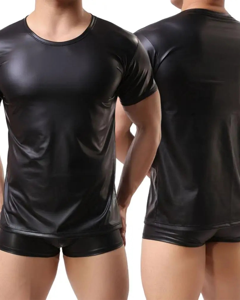 Black Faux Leather Elastic Short-Sleeve T-Shirt