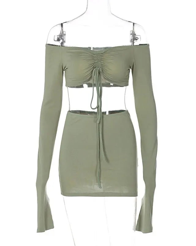 Green Long Sleeve Crop Top with Mini Skirt