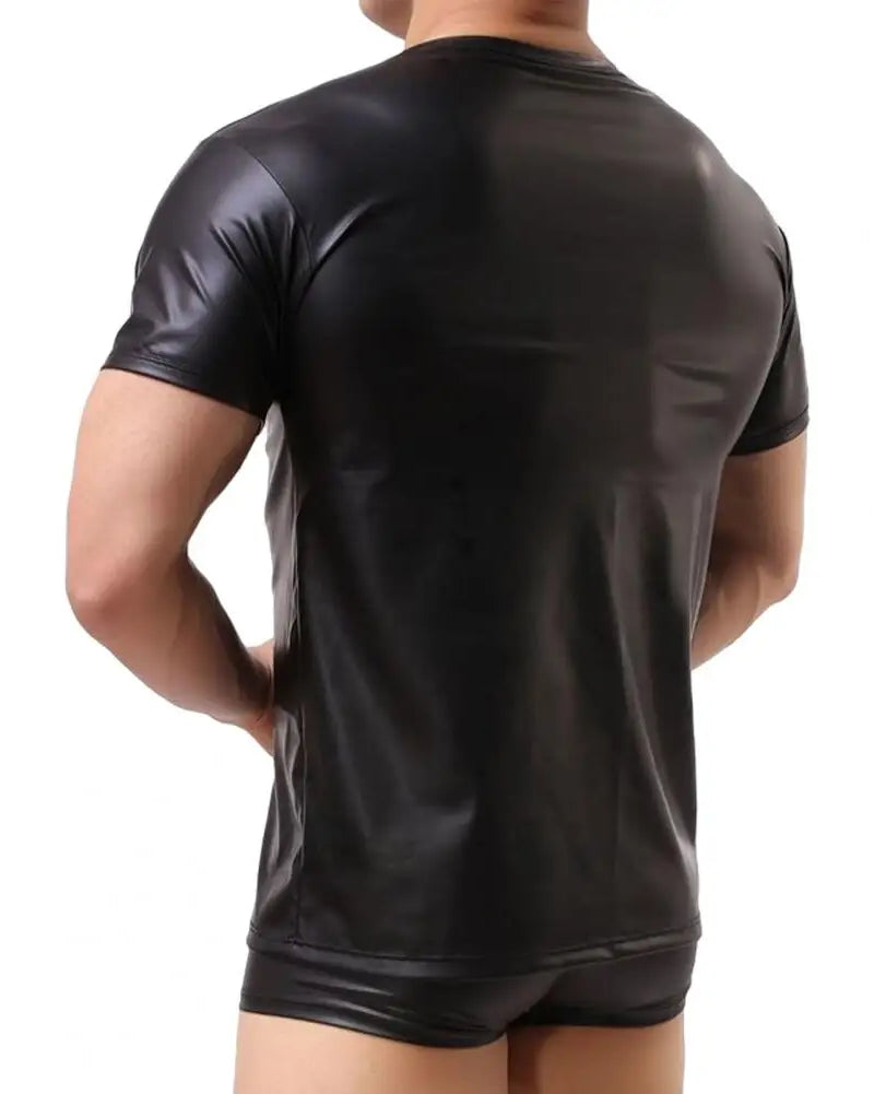 Black Faux Leather Elastic Short-Sleeve T-Shirt