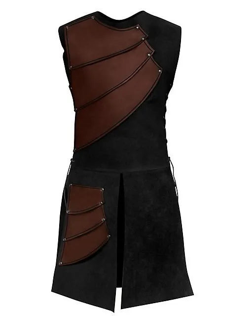 Black sleeveless steampunk vest with brown PU leather armour panels and metal rivets.
