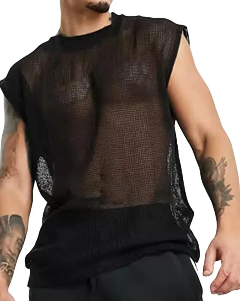 black Men's Mesh See-Through Sleeveless Loose Shirt