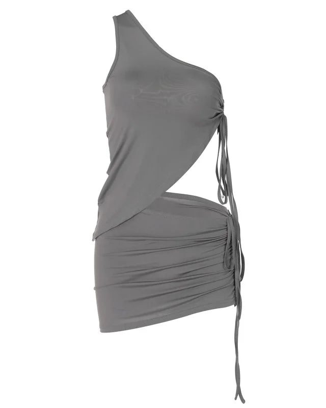 grey Crop Top Mini Skirt Set One Shoulder festival outfit