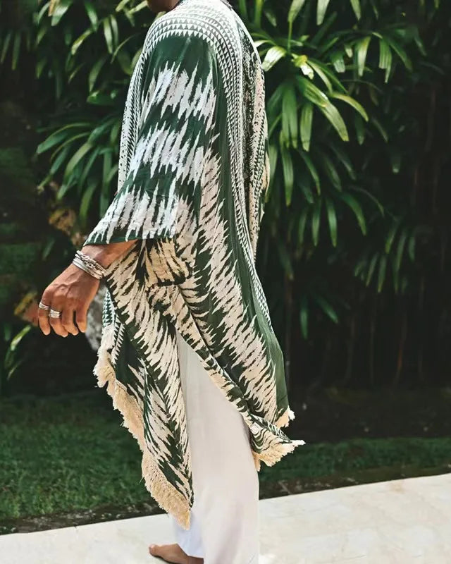 Tulum Green Fringe Kimono, 100% rayon, with green and cream stripe pattern and natural fringe.
