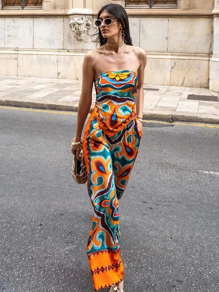 orange blue green Boho Style Set print dress Strapless Lace-up Top High Waist Straight Long Pants Fashion Festival Outfits Concert Rave Party