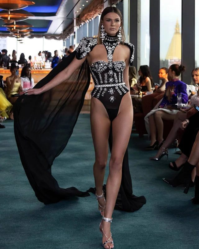 Rhinestones Bodysuit with Cape