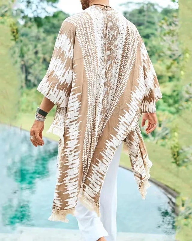 Unisex Tulum Sand Fringe Kimono in soft rayon, featuring a warm sand and white stripe pattern with natural fringe.