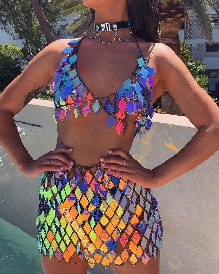 Rhombic Metal Backless Skirt and Top Set Festival Outfit Fashion Concert Rave outfits