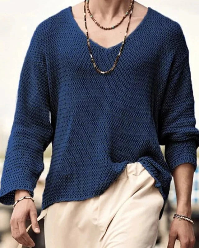 Boho Style Long Sleeve Thin Knitted Sweater Top Knit Pullover See Through festival outfit fashion Blue
