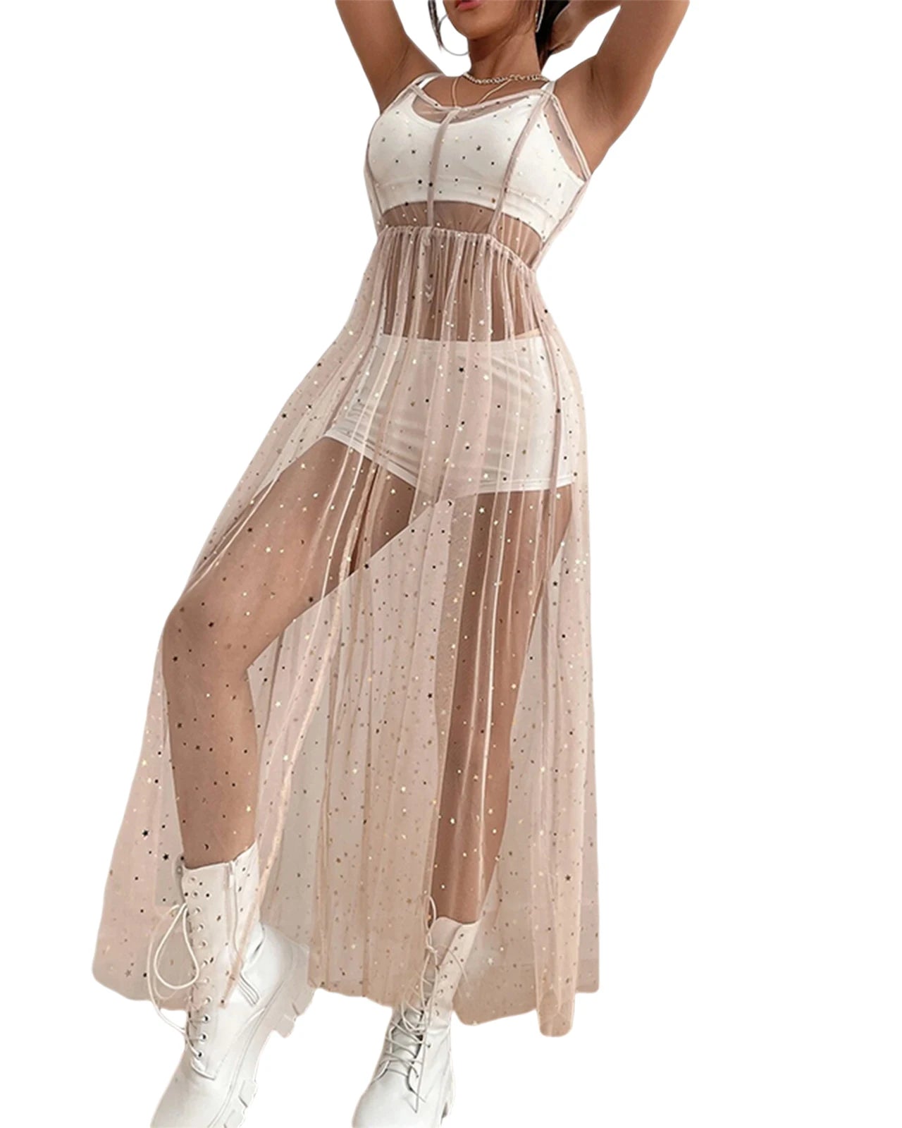 pink Sequin Mesh Sleeveless Split Dress for women