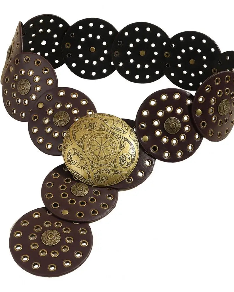 Women brown boho style Retro Belt Vintage Hollow Out Cowboy Style Women's Wide Disc Belt Western festival fashion outfit