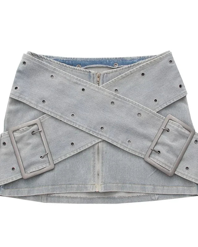 Cross Belt Denim Mini Skirt