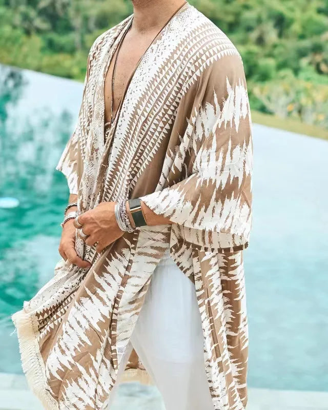 Tulum Sand Fringe Kimono: unisex rayon kimono with warm sand and white stripe pattern, relaxed sleeves, and fringe.