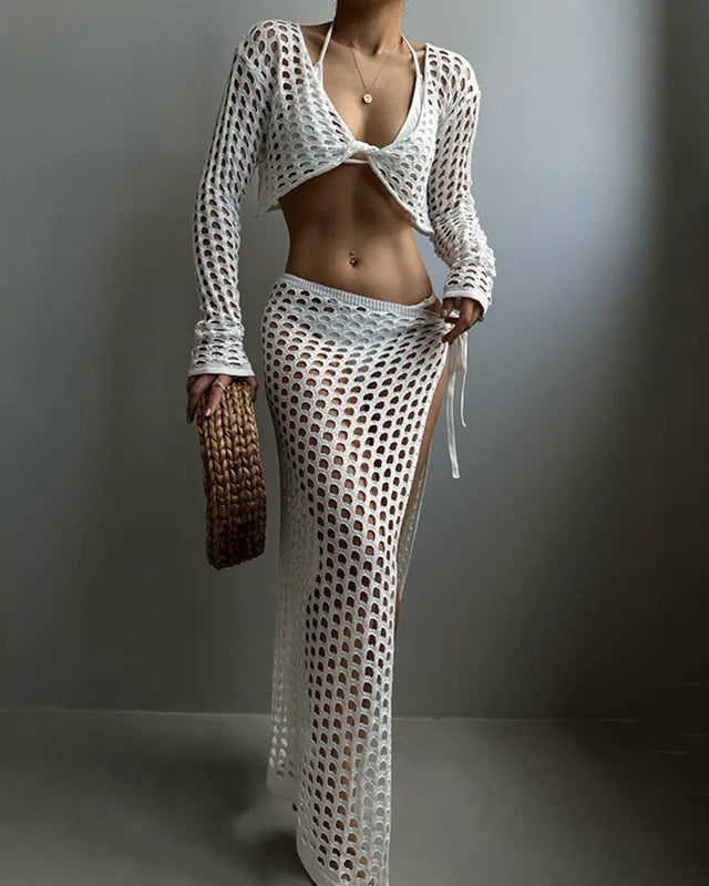 White Sexy Crochet Set Top and Skirt