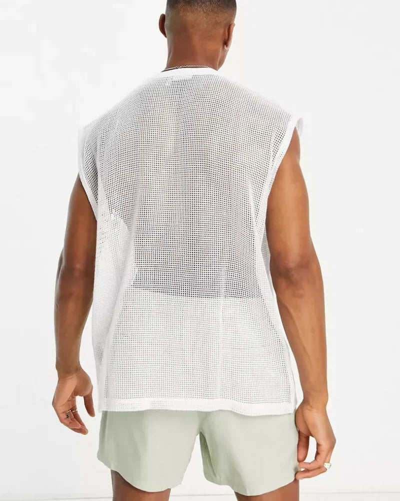 white Men's Mesh See-Through Sleeveless Loose Shirt