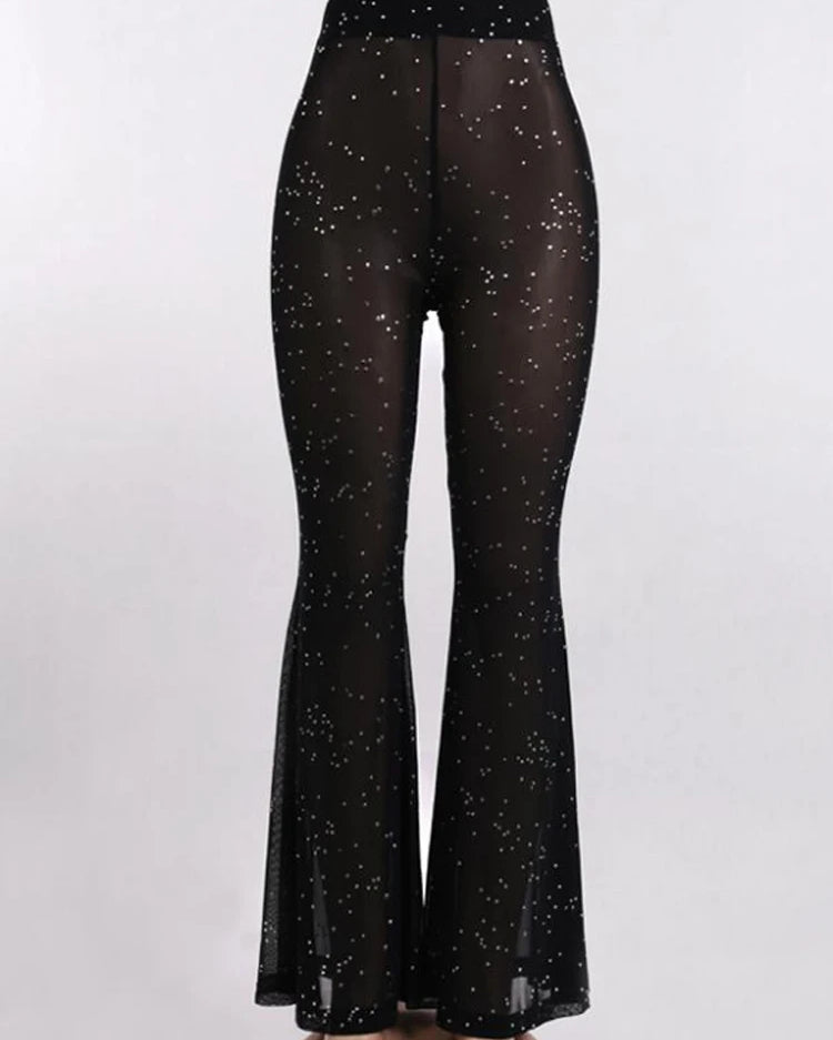 black Long Transparent Pants With Glitter Mesh festival outfits